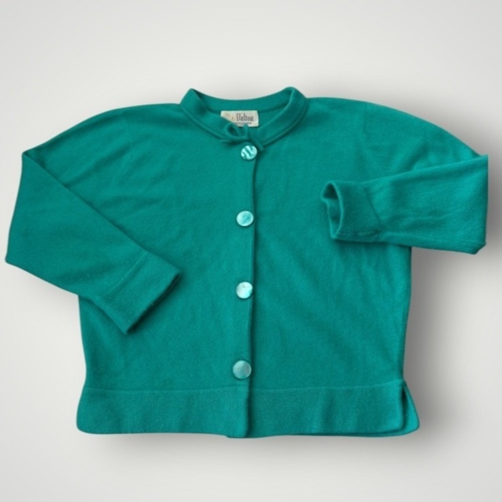 Dalton Cardigan Women Medium Teal Green 100% Virgin Cashmere Vintage Bow 50s